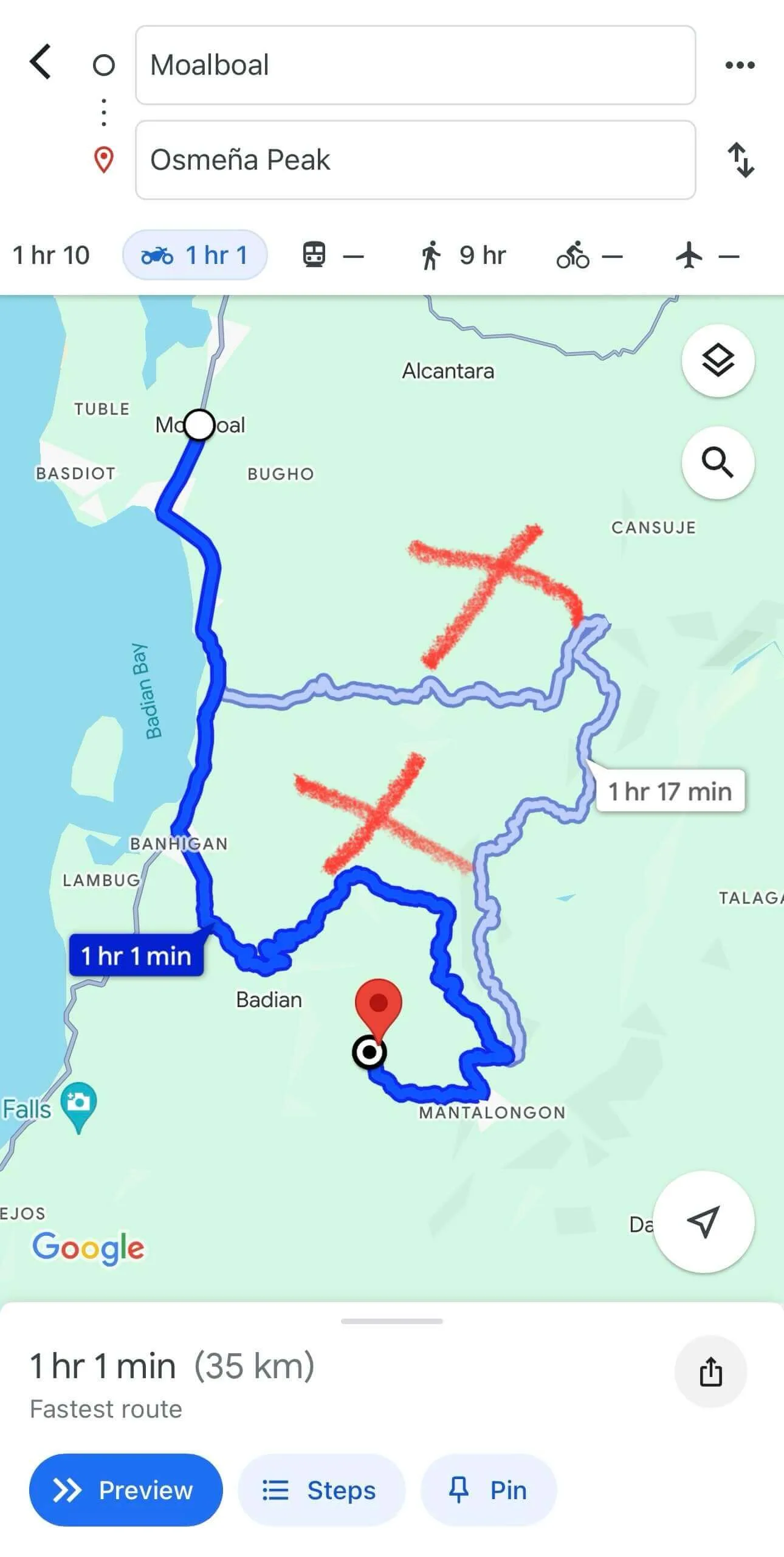 Incorrect Routes to Osmena Peak