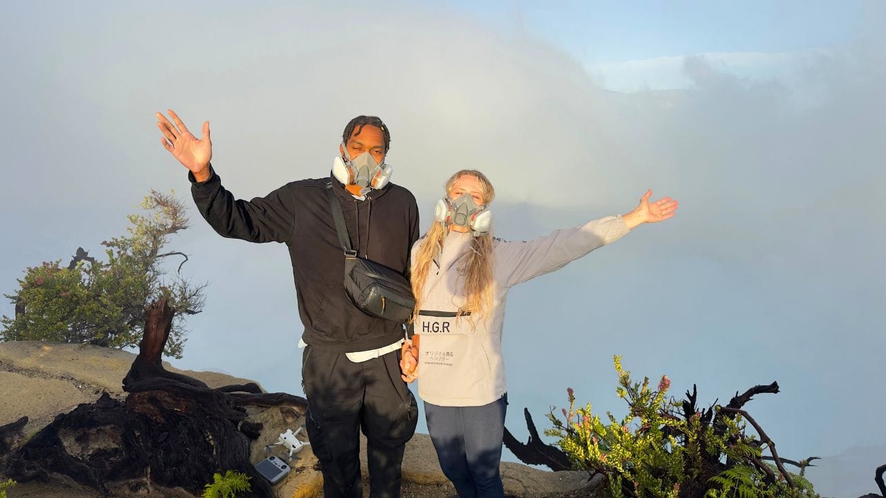 Beth and Denz In masks Mt Ijen
