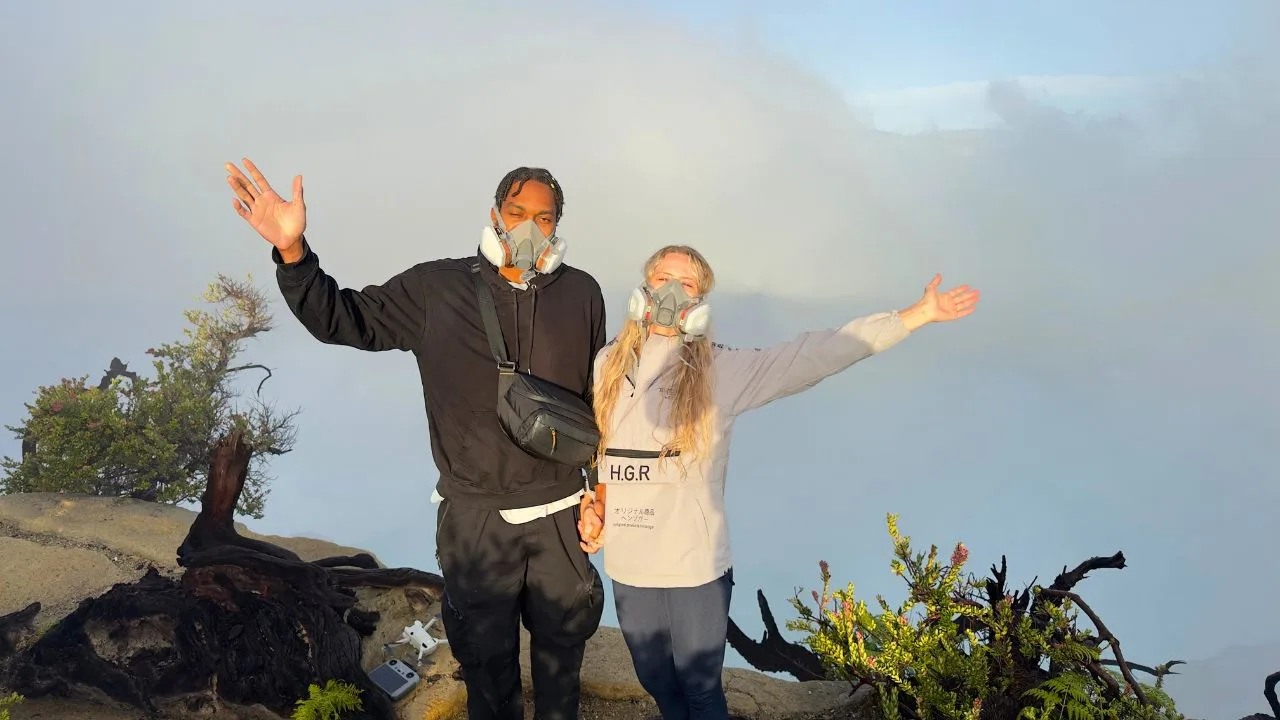 Beth and Denz In masks Mt Ijen